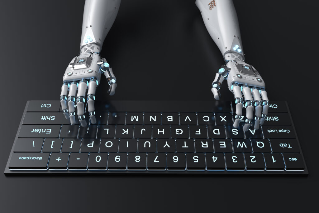 main-robot-rendu-3d-travaillant-clavier-ordinateur