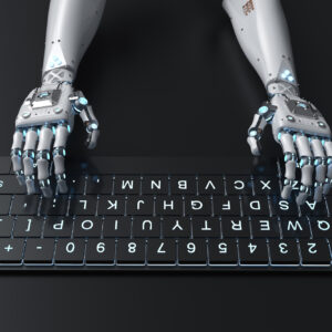 main-robot-rendu-3d-travaillant-clavier-ordinateur