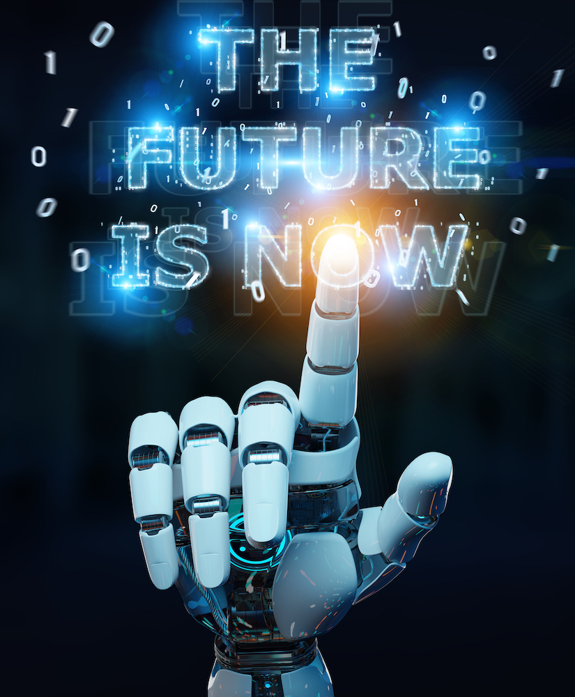 main-cyborg-blanche-utilisant-future-interface-texte-decision